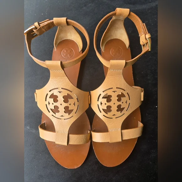 Tory Burch Tan Leather Sandals with Perforated Design - Picture 1 of 7